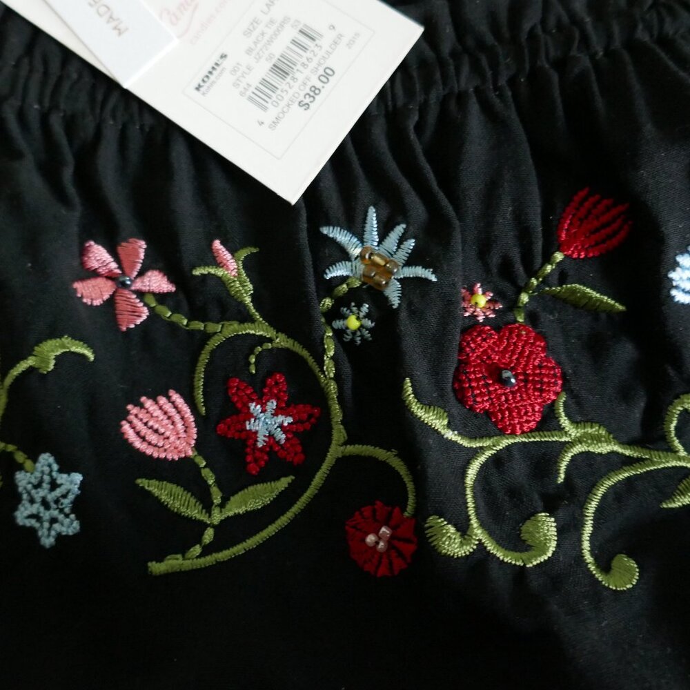 NWT vtg Candies black embroidered cropped boho peasant blouse 3/4 sleeves sz L - Picture 4 of 4